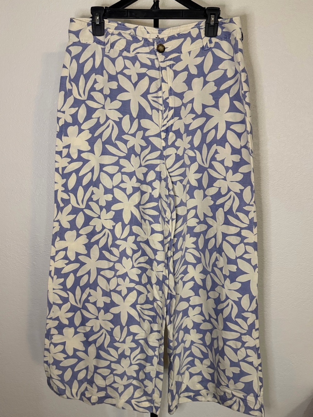 Rip Curl Blue White Floral Print Wide Leg Linen Pants Boho Beach Resort